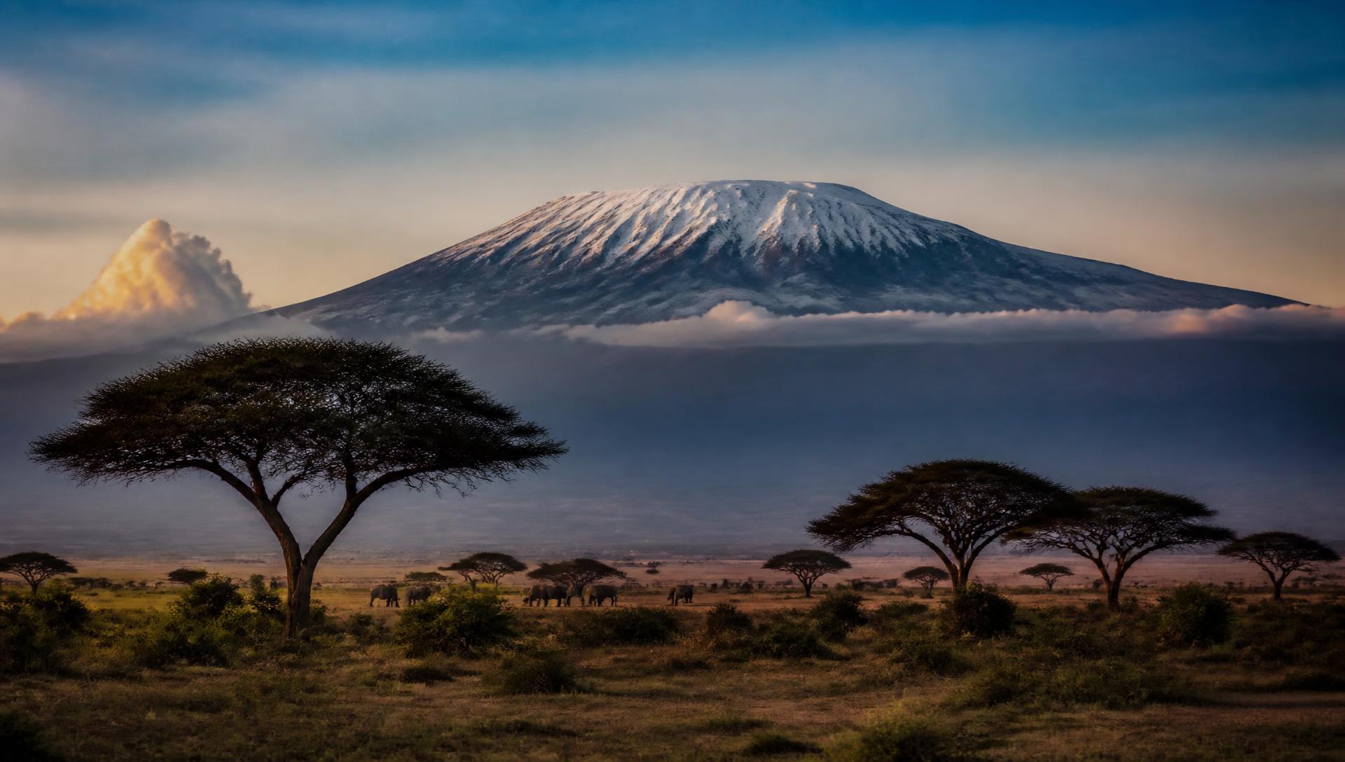 Mount Kilimanjaro seen across the Tanzanian savannah