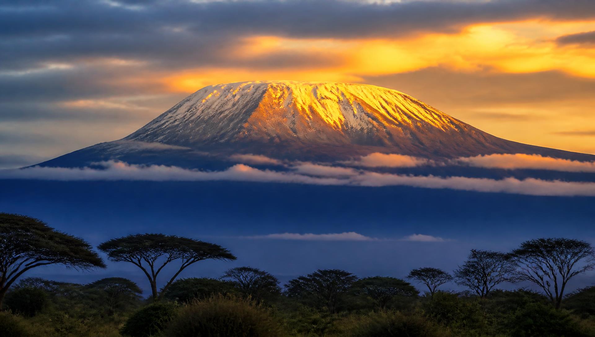 Mount Kilimanjaro at sunrise above the clouds